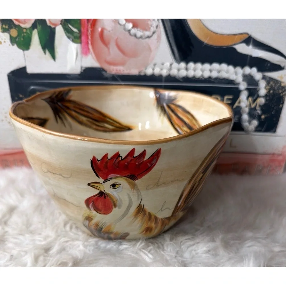 Tabletops Gallery Romalo Rooster Ceramic Bowls Set of 2 Hand Painted Farmhouse